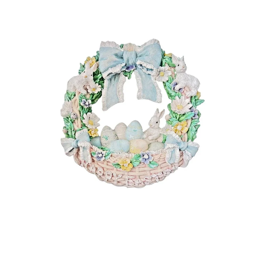 York 1996 Easter Bunny Wreath Figurine House of Lloyd Spring Basket Eggs Pastel